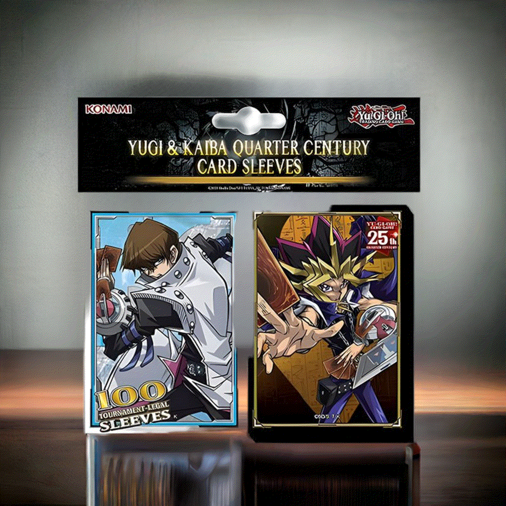 Yugi & Kaiba Sleeves 100 pack featuring iconic Yu-Gi-Oh! artwork celebrating 25 years.