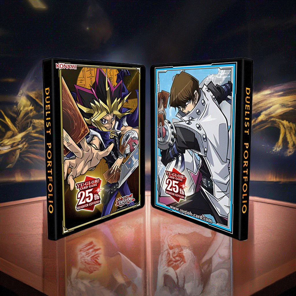 Yu-Gi-Oh! Yugi & Kaiba Quarter Century 9-Pocket Duelist Portfolio with iconic artwork celebrating 25 years, displayed on a duel-themed background.