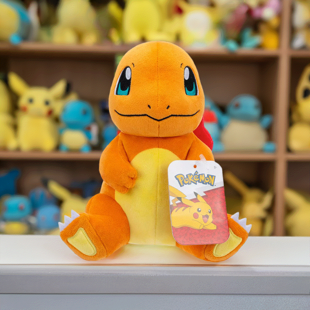 Pokemon 8 Inch Plush - Charmander Sitting on display shelf surrounded by plush toys.