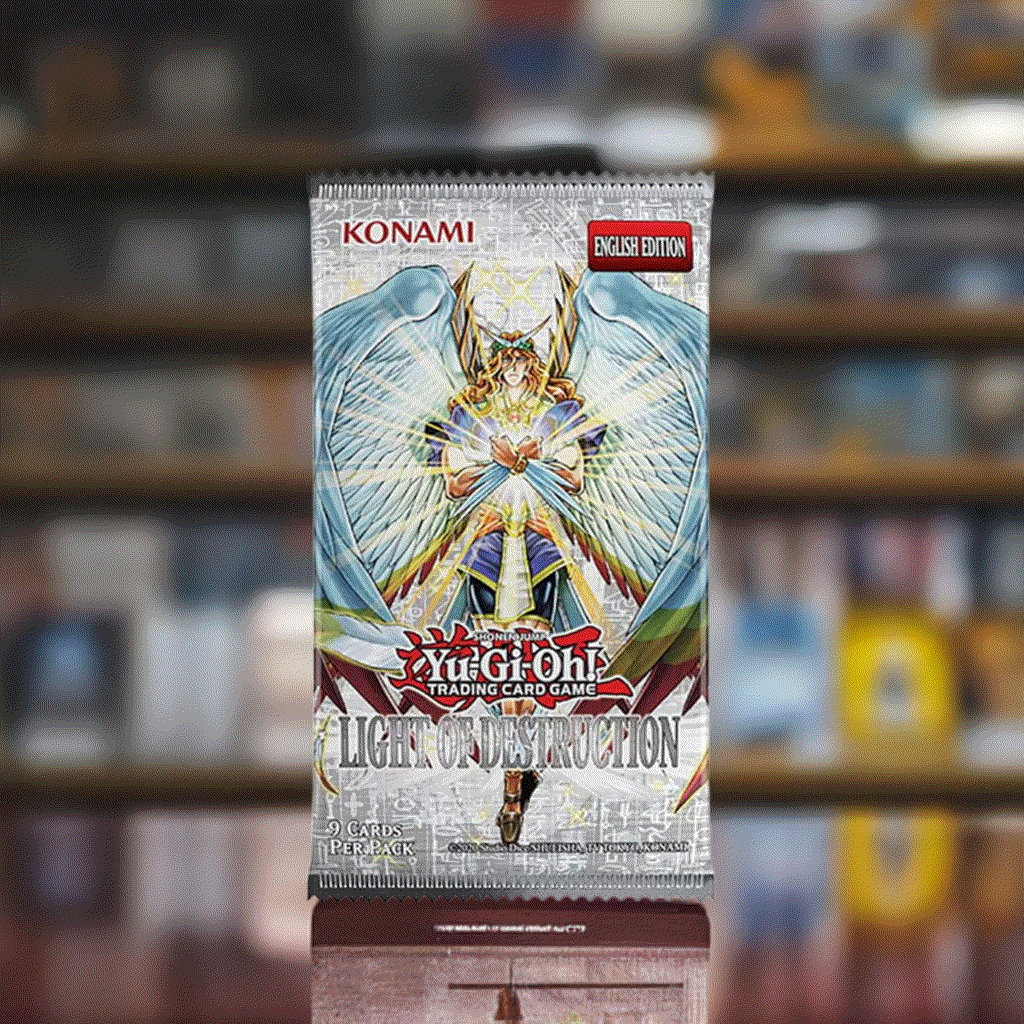 Yu-Gi-Oh! Light Of Destruction Booster Reprint Unlimited Edition box on reflective surface.