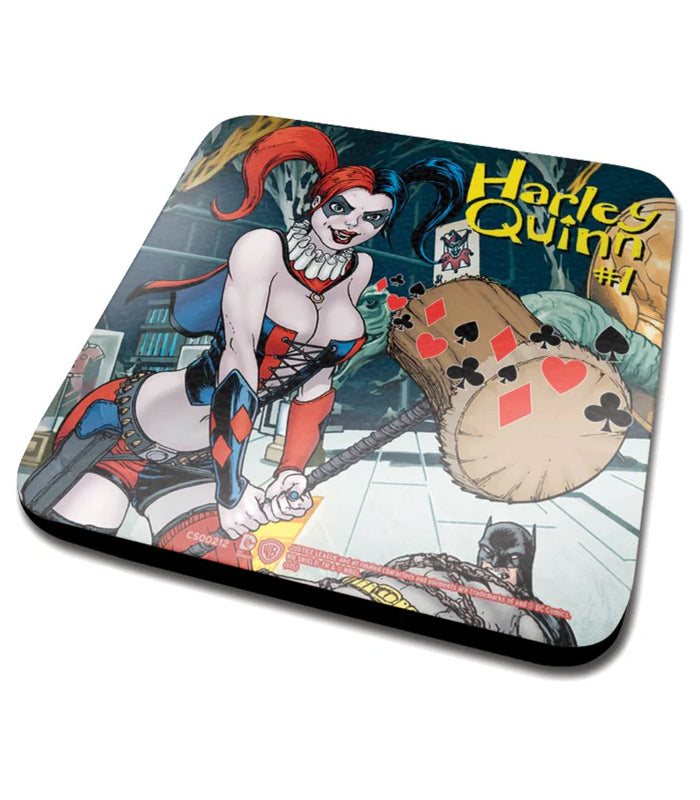 Harley Quinn drinks coaster with vibrant comic-style design.