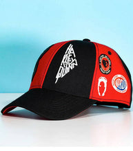 Load image into Gallery viewer, Suicide Squad Harley Quinn snapback in red and black with decals, official DC merchandise, flat bill design.
