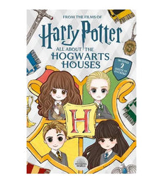 Harry Potter All About The Hogwarts Houses activity book cover featuring Gryffindor, Slytherin, Ravenclaw, and Hufflepuff.
