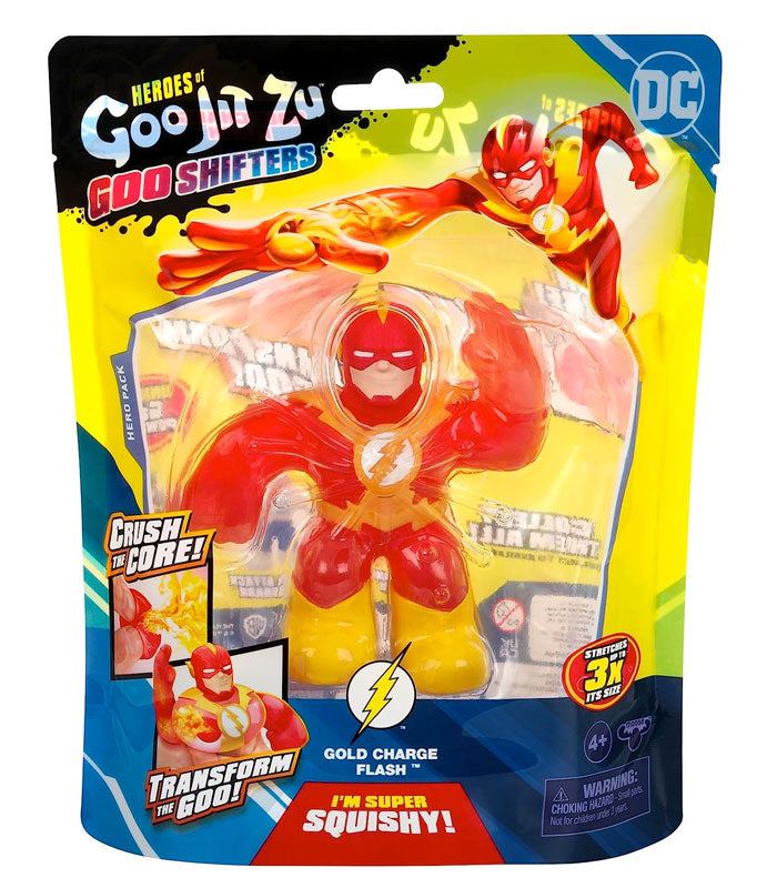 Heroes of Goo Jit Zu Goo Shifters DC Gold Charge Flash toy in packaging, featuring stretchy, squishy body and power-up core.