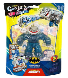Heroes of Goo Jit Zu Goo Shifters DC King Shark toy, stretchy and squishy with unique goo filling, power-up feature, collectible figure for ages 4+.