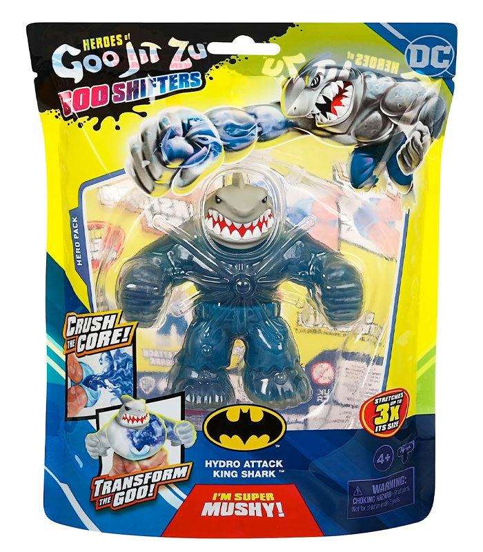 Heroes of Goo Jit Zu Goo Shifters DC King Shark toy, stretchy and squishy with unique goo filling, power-up feature, collectible figure for ages 4+.