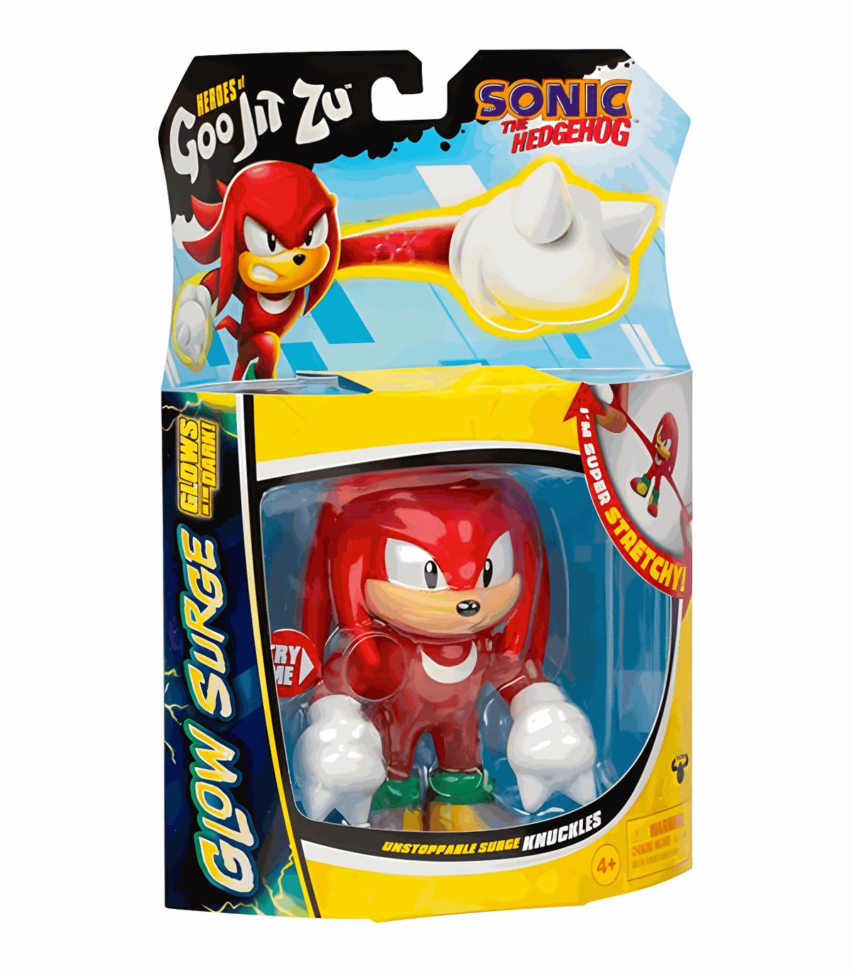 Goo Jit Zu Sonic Glow Surge - Knuckles figure in packaging, glow-in-the-dark feature, stretchy and durable toy.