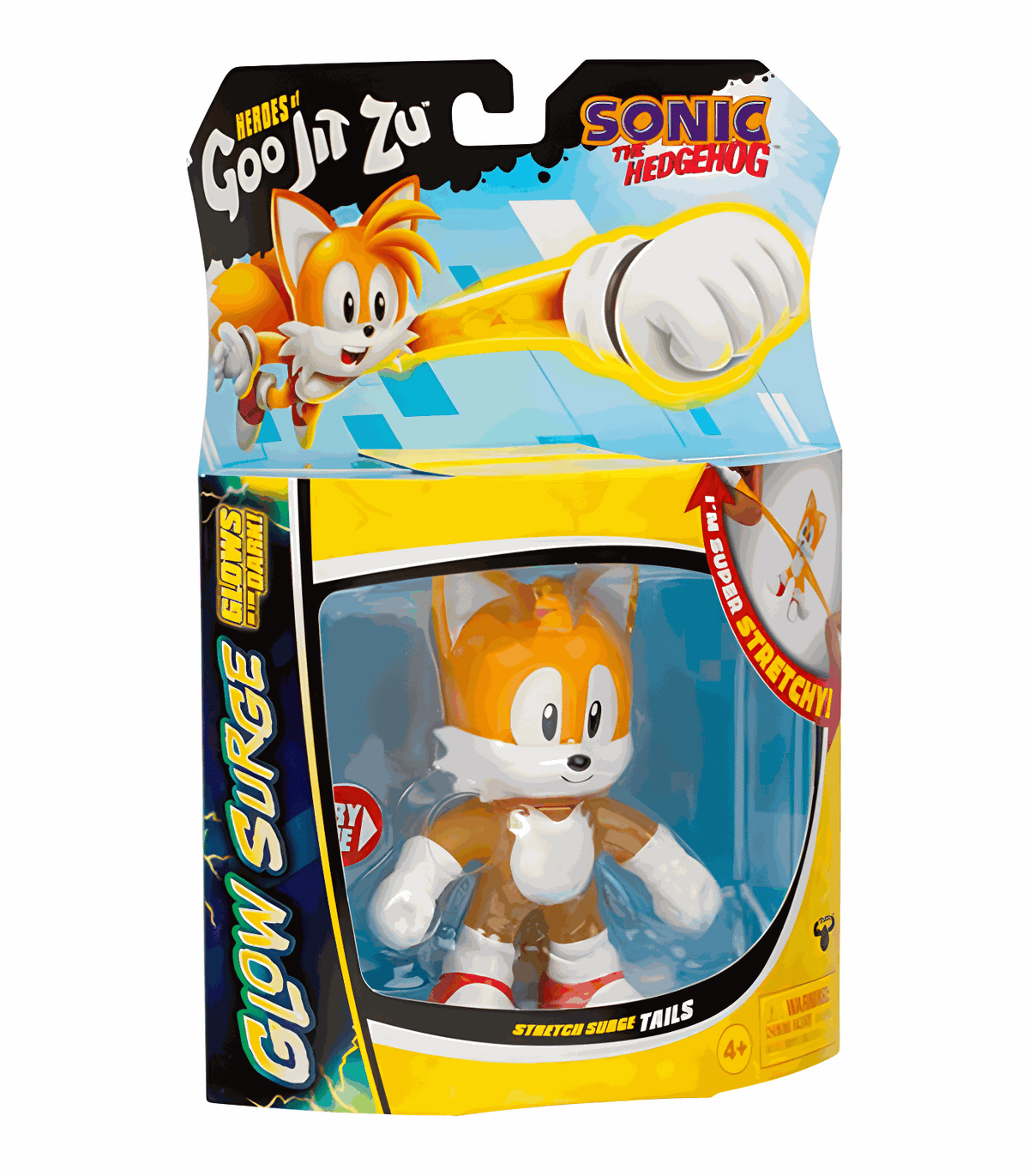 Heroes of Goo Jit Zu Sonic Glow Surge - Tails figure, stretchy, glow-in-the-dark toy in packaging.