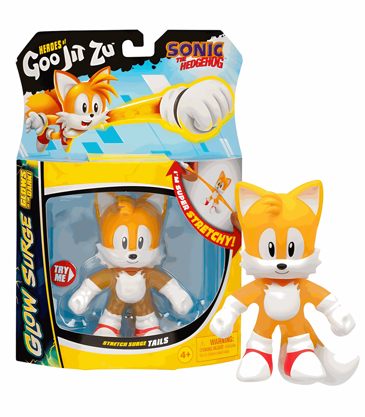 Goo Jit Zu Sonic Glow Surge - Tails action figure, glow-in-the-dark, stretchy, durable toy packaging.