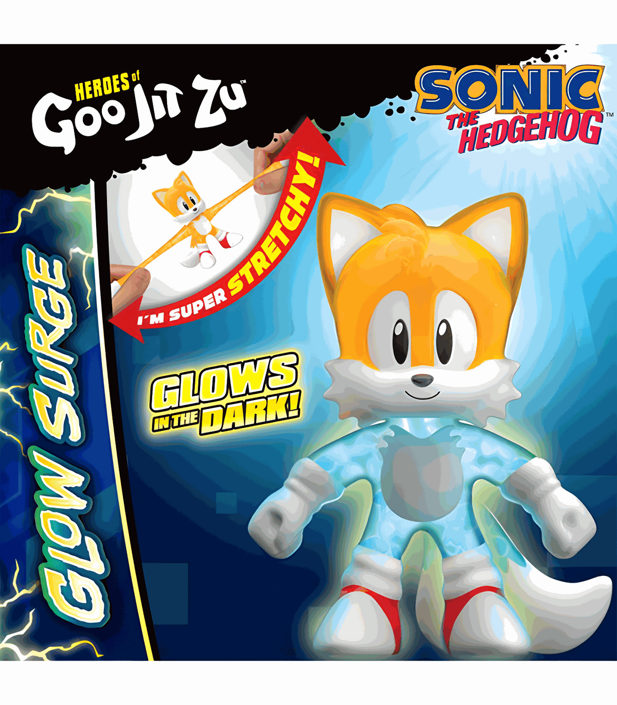 Goo Jit Zu Sonic Glow Surge Tails figure with glow-in-the-dark feature.