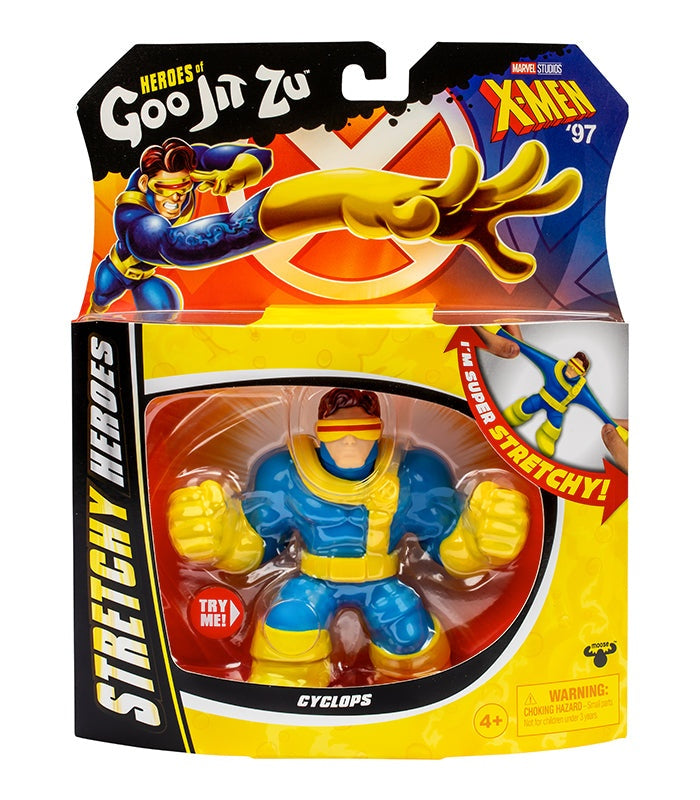 Heroes of Goo Jit Zu X-Men 97 Cyclops stretchy toy in packaging, featuring durable and gooey design.