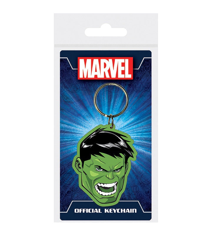 Incredible Hulk rubber keychain with Marvel branding, featuring vivid green design.