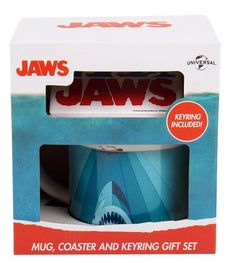 Jaws Mug, Coaster, and Keyring Gift Set in a themed packaging.