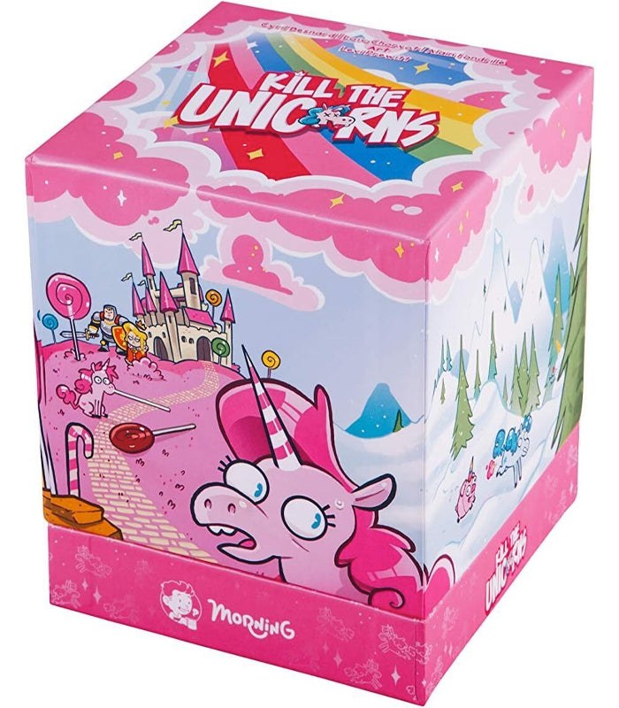 Whimsical Kill The Unicorns Game box with vibrant illustrations showcasing a magical realm.