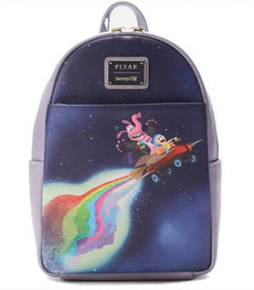 Loungefly Disney Moments Pixar Bing Bong Mini Backpack featuring Joy and Bing Bong on a rainbow rocket from 