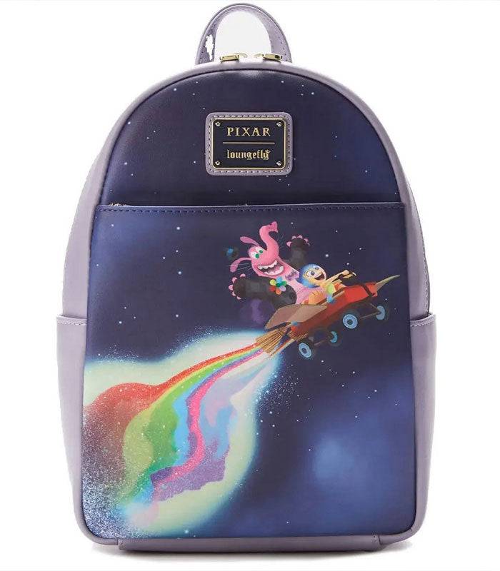 Loungefly Disney Moments Pixar Bing Bong Mini Backpack featuring Joy and Bing Bong on a rainbow rocket from 