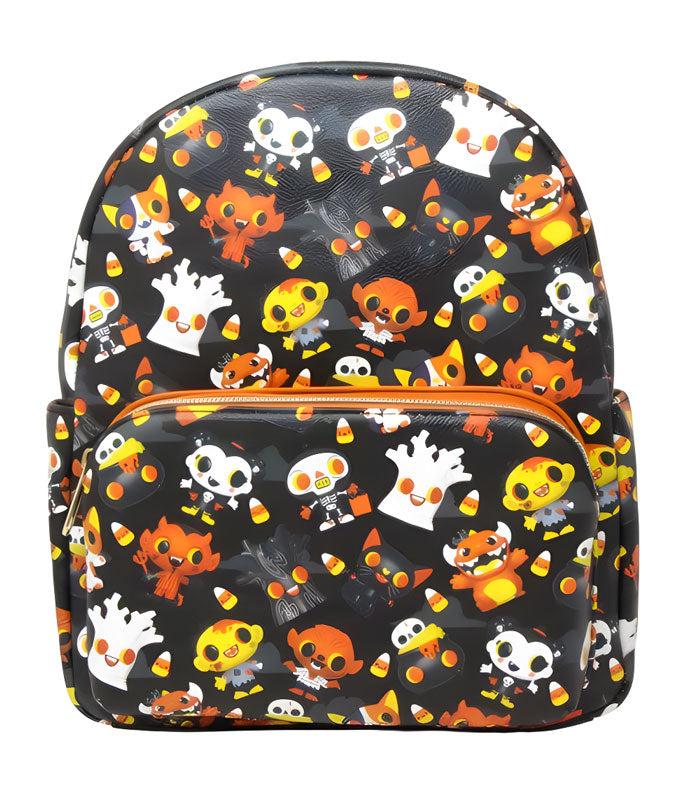 Boo Hollow Paka Paka Mini Backpack with playful Halloween-themed print featuring colorful, mischievous characters and candies.