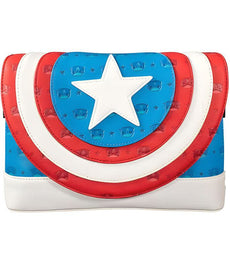 Loungefly Marvel Captain America crossbody bag with superhero shield design in red, blue, and white.