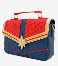Load image into Gallery viewer, Loungefly Marvel Captain Marvel Crossbody Bag with blue and red faux leather design and star emblem.
