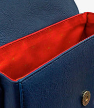 Load image into Gallery viewer, Loungefly Marvel Captain Marvel Crossbody Bag with red star-patterned interior and faux leather exterior.
