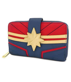 Loungefly Marvel Captain Marvel Wallet/Purse in red, blue, and gold with star emblem, faux leather.