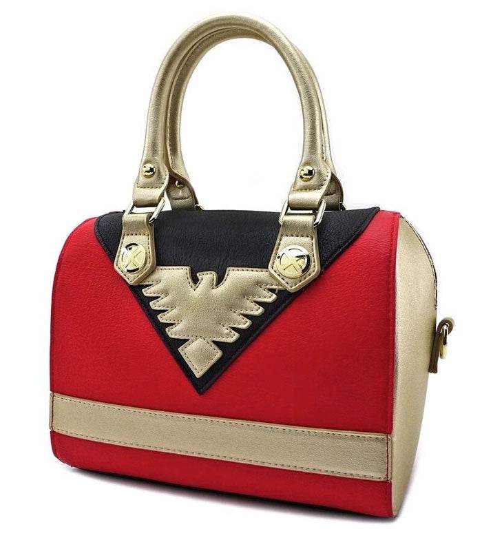 Loungefly Marvel Dark Phoenix Handbag with fiery red and black design, faux leather, and phoenix emblem.