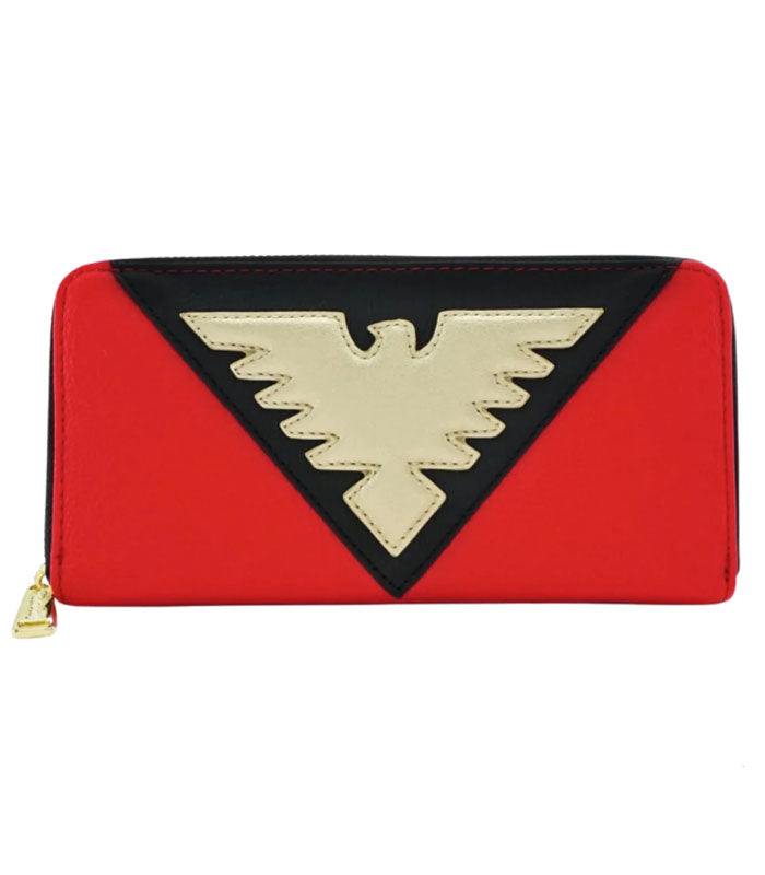 Loungefly Marvel Dark Phoenix long wallet with red and black faux leather, featuring a bold Phoenix emblem.