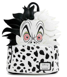 Loungefly Disney Villains Cruella De Vil mini backpack with black and white polka dots and Cruella's smirk design.