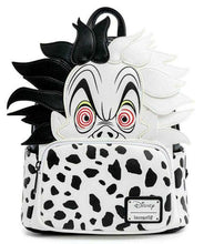 Load image into Gallery viewer, Loungefly Disney Villains Cruella De Vil mini backpack with black and white polka dots and Cruella&#39;s smirk design.
