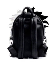 Load image into Gallery viewer, Loungefly Disney Villains Cruella De Vil Spots Cosplay Mini Backpack, black faux leather with white polka dots, back view.
