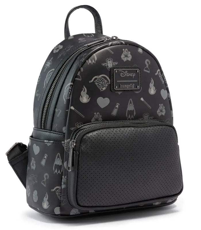 Loungefly Disney Villains Pin Trader Exclusive Mini Backpack with villain symbols.