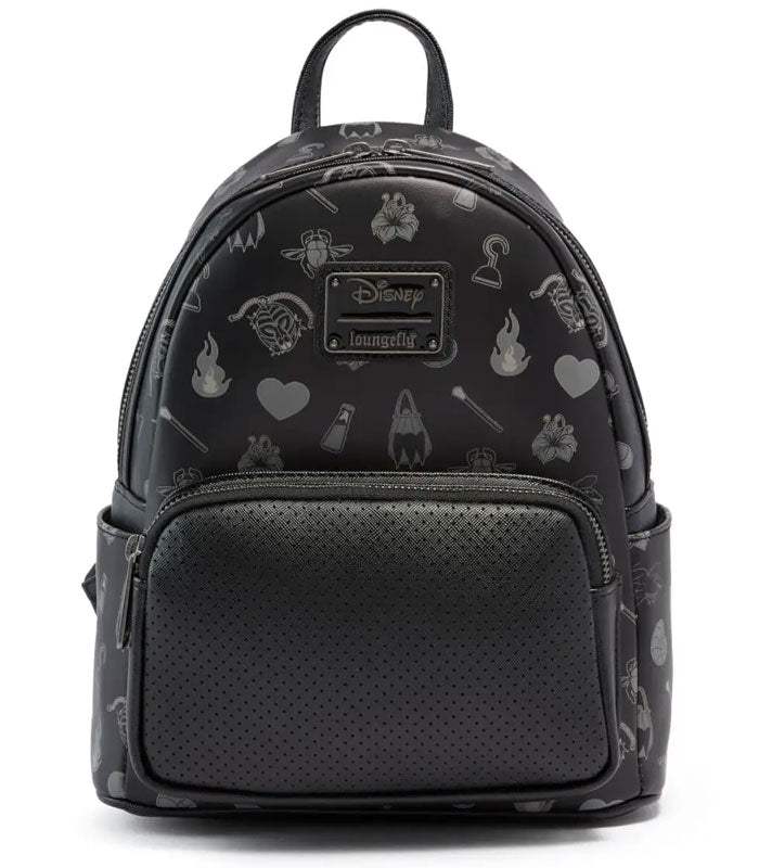 Loungefly Disney Villains Pin Trader Exclusive Mini Backpack with villainous symbols on faux-leather.
