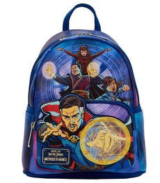 Loungefly Dr Strange Multiverse Mini Backpack with Marvel design and adjustable straps.