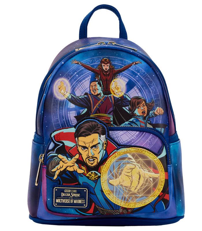 Loungefly Dr Strange Multiverse Mini Backpack with Marvel design and adjustable straps.