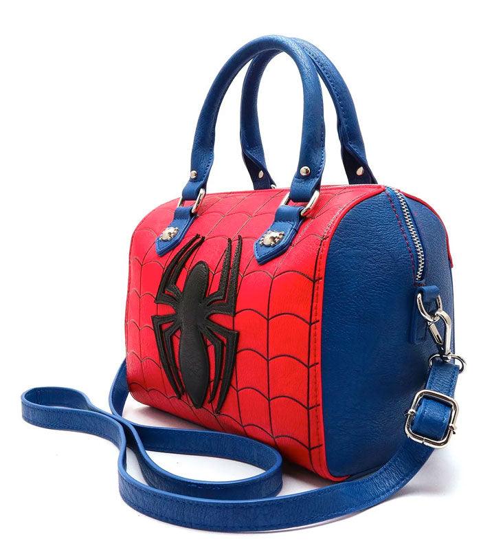 Loungefly Marvel Spider-Man Handbag with red and blue faux leather, black spider logo, and adjustable strap.