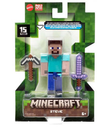 Minecraft 3.25-inch Steve action figure in packaging with tools and iconic design.