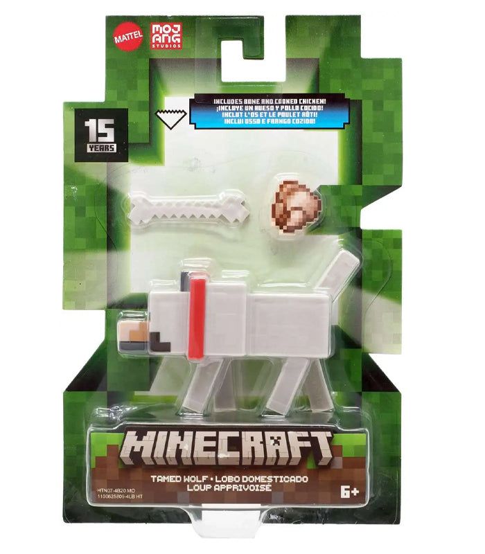 Minecraft 3.25-inch Tamed Wolf action figure in packaging, featuring articulated design and red collar.