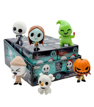 Load image into Gallery viewer, Funko Mystery Minis The Nightmare Before Christmas collectible figures featuring Pumpkin King, Jack Skellington, Oogie Boogie, Zero, Sally, and Sleepy Jack displayed on a box.
