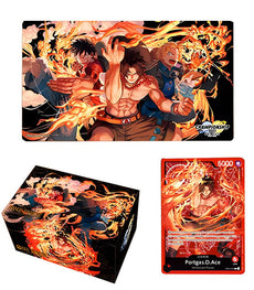 One Piece Card Game Special Goods Set with Ace, Sabo, Luffy playmat, storage box, and foil card.