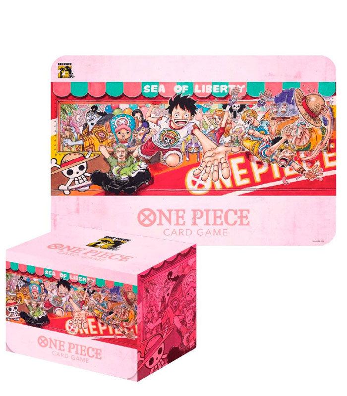 ONE PIECE Card Game 25th Edition Playmat and Card Case Set with vibrant illustrations.