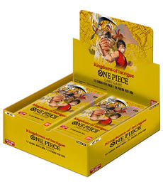 One Piece Card Game - Kingdoms of Intrigue Booster Box packaging with 24 packs featuring Alabasta and Dressrosa arcs.