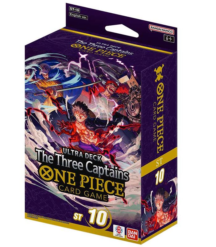One Piece Card Game Ultra Deck The Three Captains packaging with Luffy, Law, and Kidd artwork.