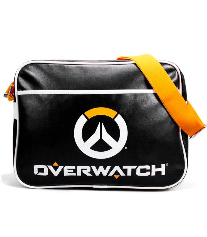 Officially licensed Overwatch messenger bag with iconic logo, orange shoulder strap, and padded laptop sleeve.