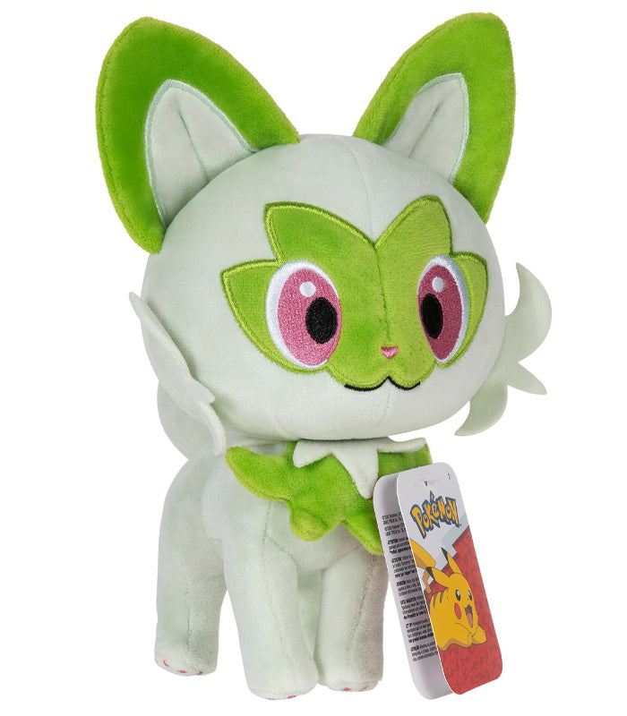 Pokemon 8" Plush - Sprigatito, featuring green and cream colors, expressive eyes, and a leafy tail, perfect for fans and collectors.