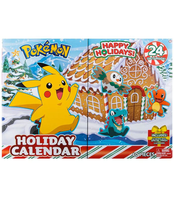 Pokemon Advent Calendar 2023 with Pikachu and friends on festive background.