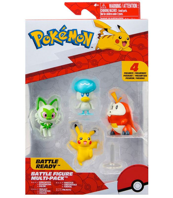Pokemon Battle Figure Multipack featuring Pikachu, Fuecoco, Sprigatito, Quaxly in packaging.
