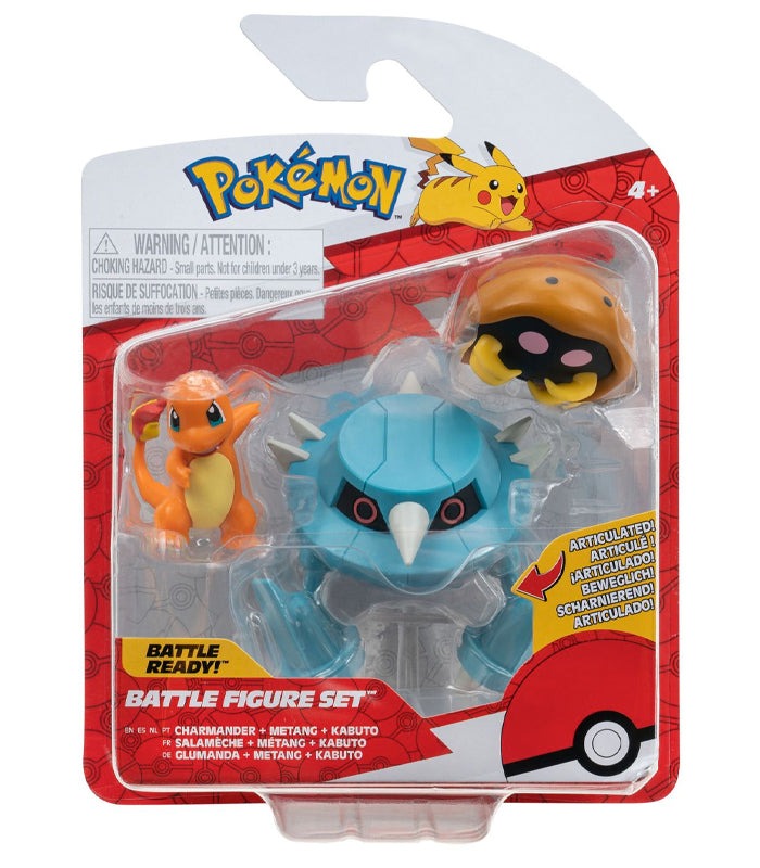 Pokemon Battle Figures set with Charmander, Metang, and Kabuto in packaging.