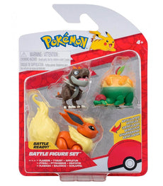 Pokemon Battle Figures set featuring Flareon, Tyrunt, and Appletun in dynamic packaging.