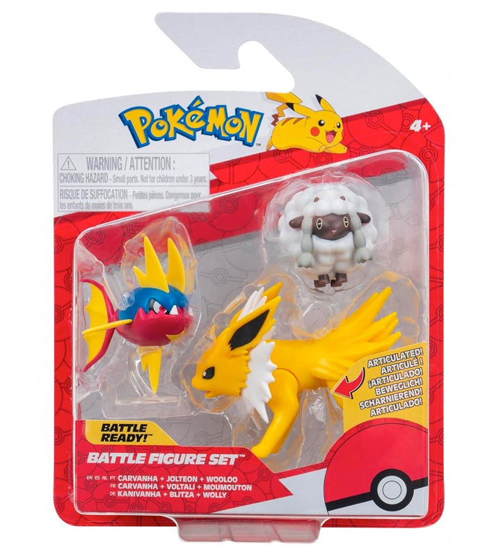 Pokemon Battle Figures set featuring Jolteon, Carvanha, and Wooloo in packaging.