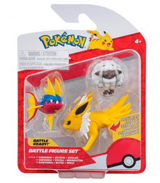 Pokemon Battle Figures set featuring Jolteon, Carvanha, and Wooloo in packaging.